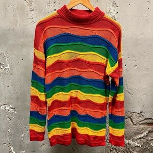 Vintage 90s 3D Knit Colorful Striped Mock Neck Longline Sweater Top Coogi